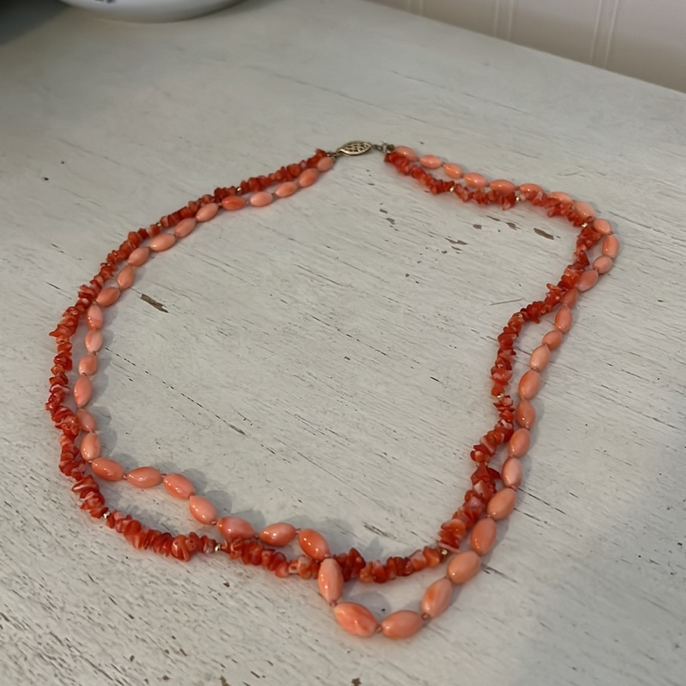 Vintage coral 2 string necklace with 14k gold filled clasp